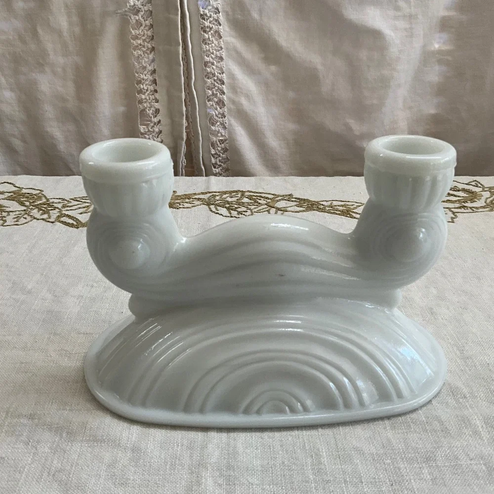 Vintage McKee Milk Glass Double Candlestick Art Deco Scrolled White Taper Holder